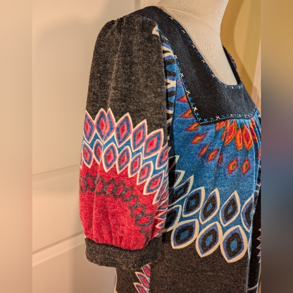 Aryeh XL Square Neck Multicolor Puff Sleeve Mini Groovy Geometric Mandala Print - Picture 2 of 8